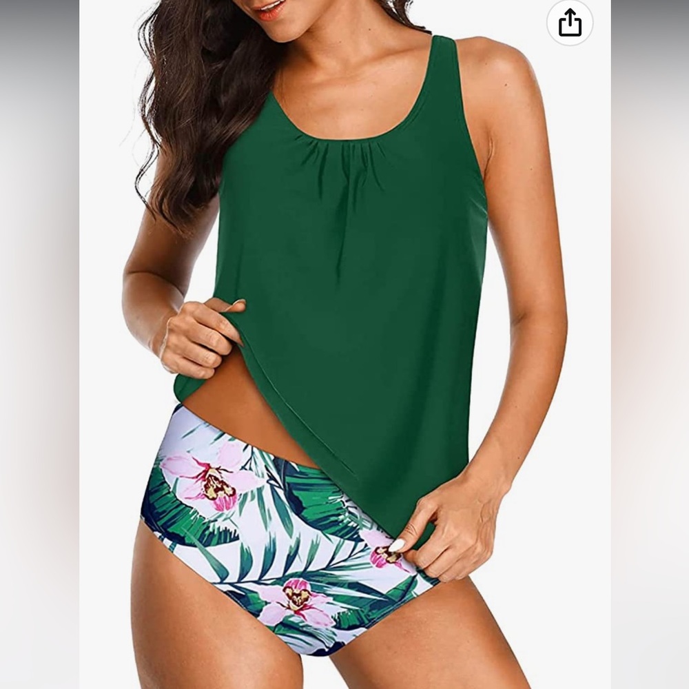 Yonique Blouson Tankini Loose Fit Floral Printed Modest Two Piece Bathing Suits